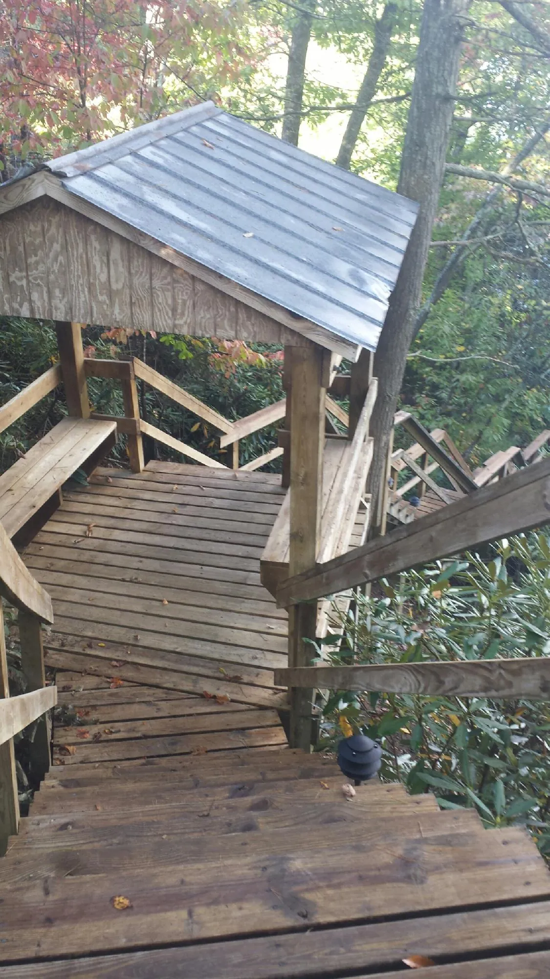 Metal roofed shelter over wooden steps on a wooded walkway — Skylight Repair & Installation work by our crew in North Washington